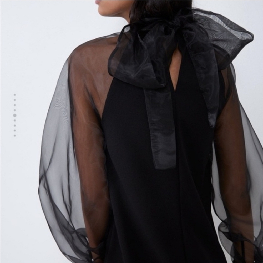 Zara Dress Sheer Puff Long Sleeves Bow Tie Size M - Picture 2 of 6